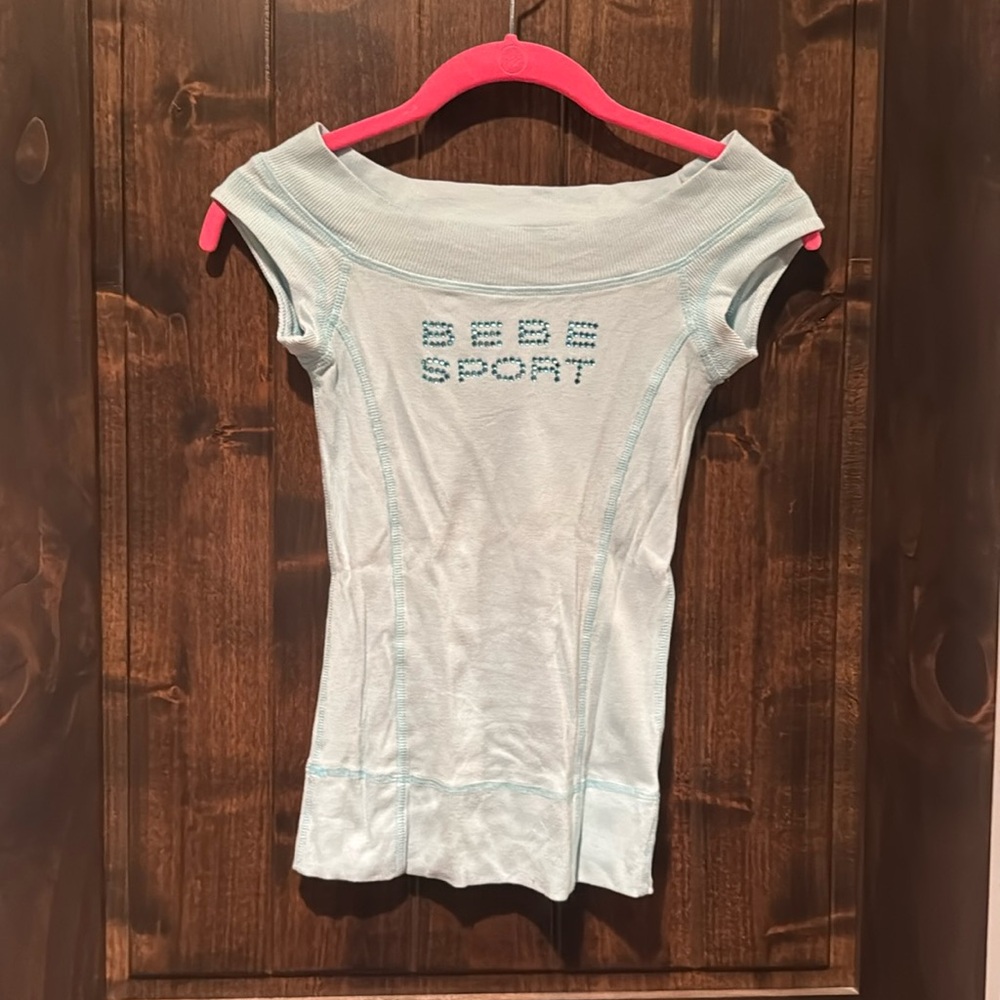 BEBE SPORT blue green bling logo cap sleeve ribbed boat neck size medium